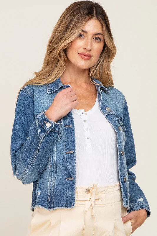 Navy Blue Distressed Cropped Maternity Denim Jacket