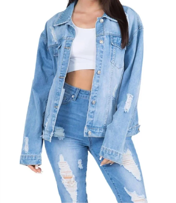 Full Size Painted Back Distressed Denim Jacket In Blue