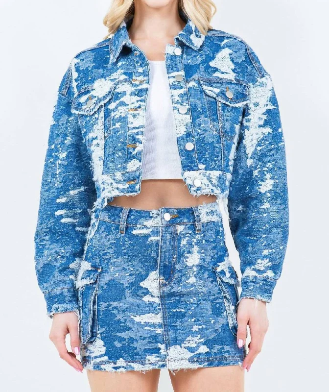 Jacquard Trim Cropped Denim Jacket In Blue Combo