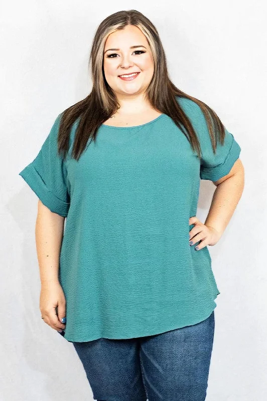 Scooped Neck Top with Rolled Sleeves in Plus by Entro