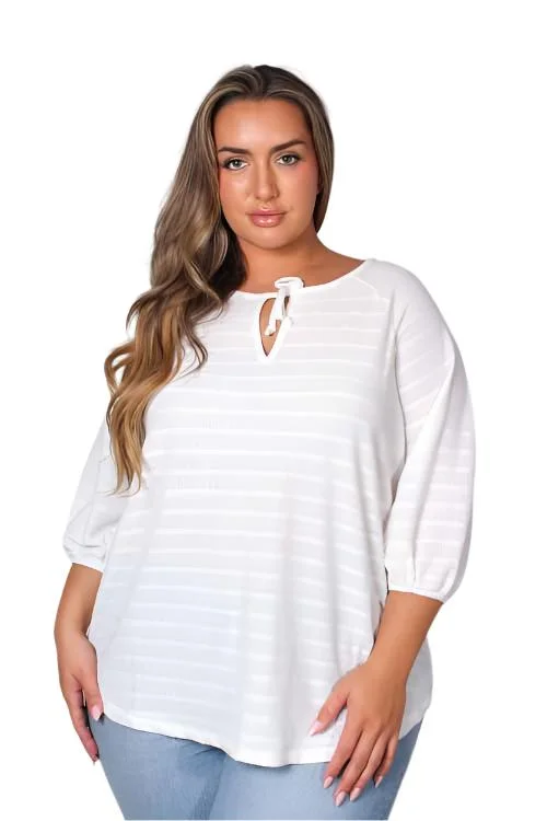 Women's Plus 3/4 Sleeve Tie Front Striped Knitted Top