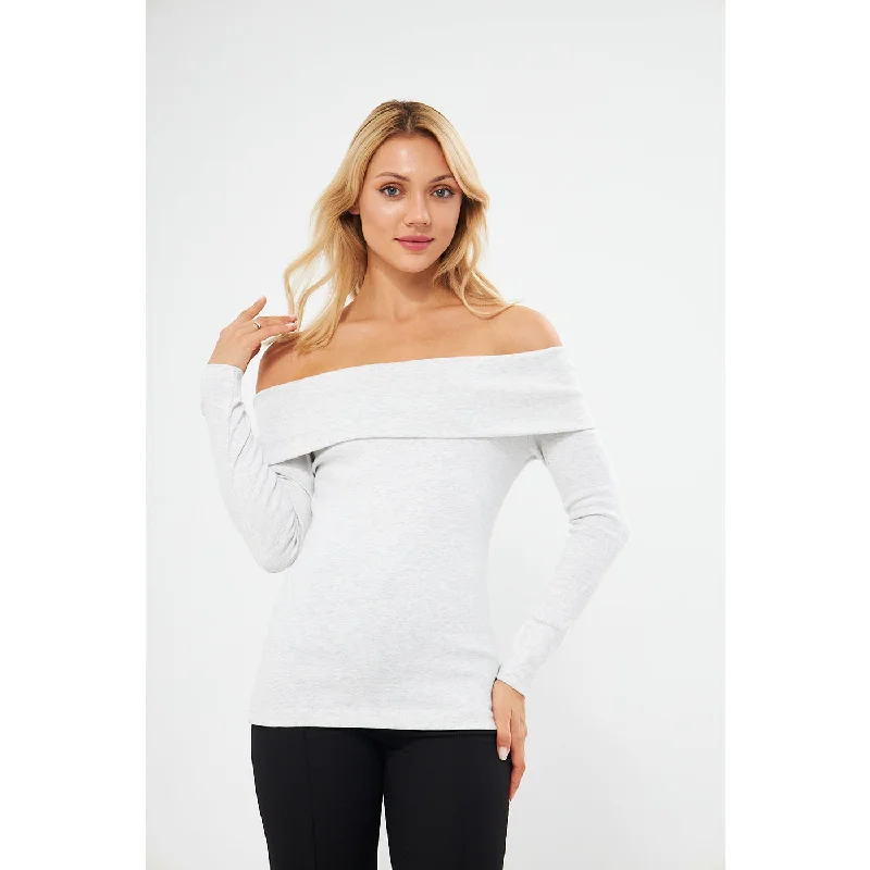 Light Grey Rib Off-Shoulder Top