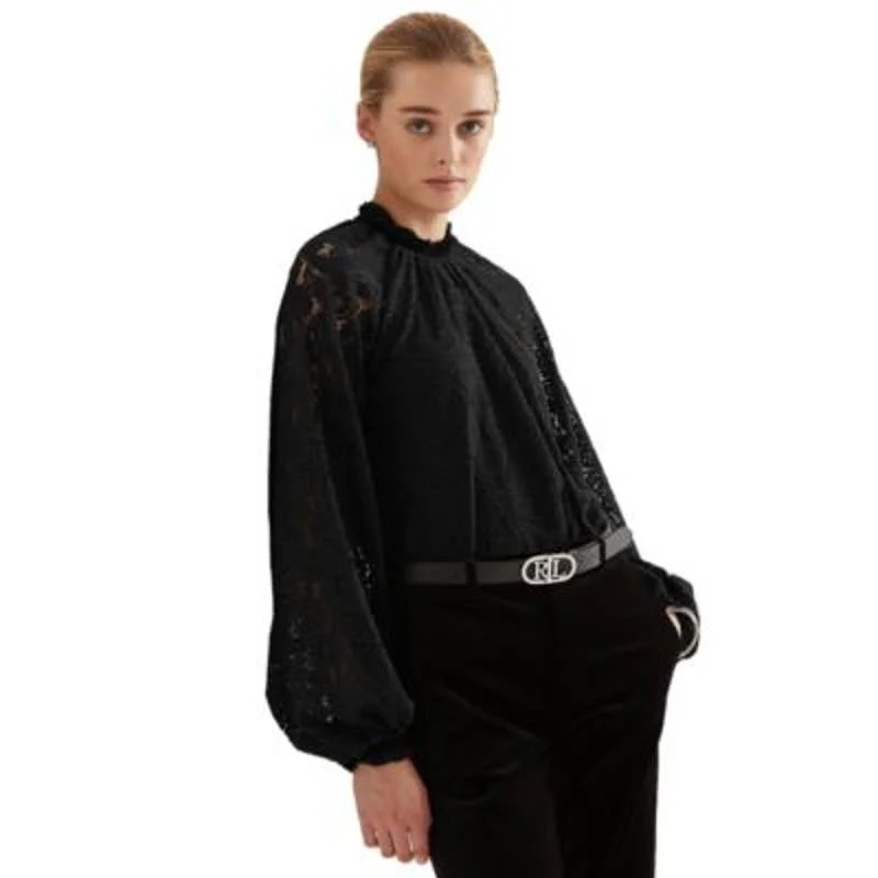 Lauren Ralph Lauren Women's Black Lace Paisley Blouse, Long Sleeve, High Neck