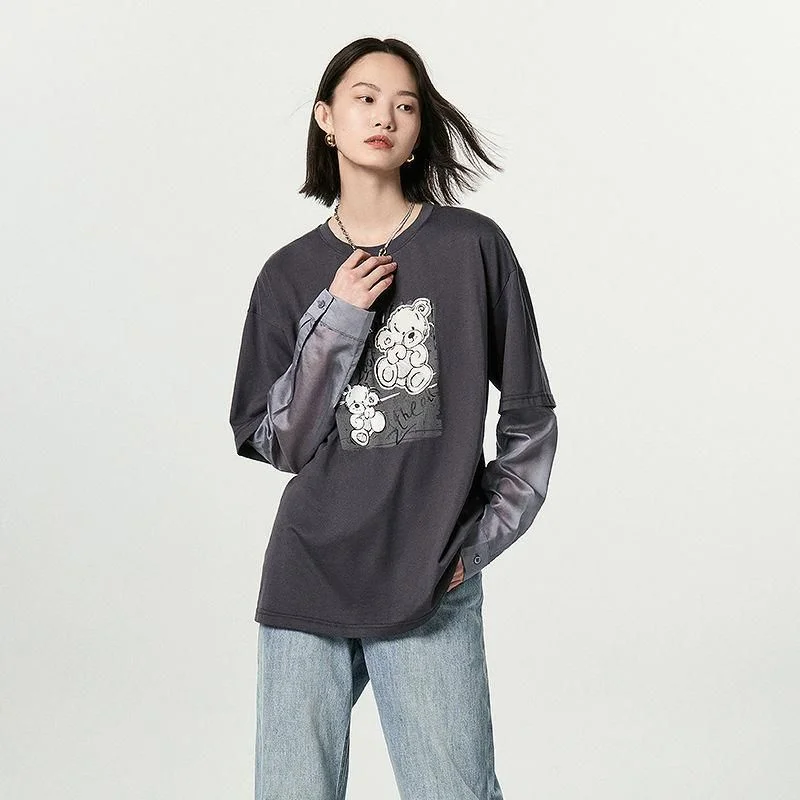 Autumn Bear Print Embroidered Long Sleeve Cotton Tee