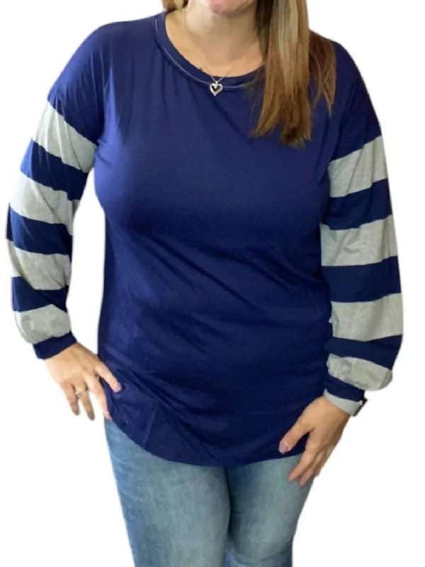 Long Sleeve Fashion Top In Navy/grey