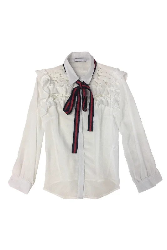 Lina, Long sleeve blouse with pearl accent details and bow