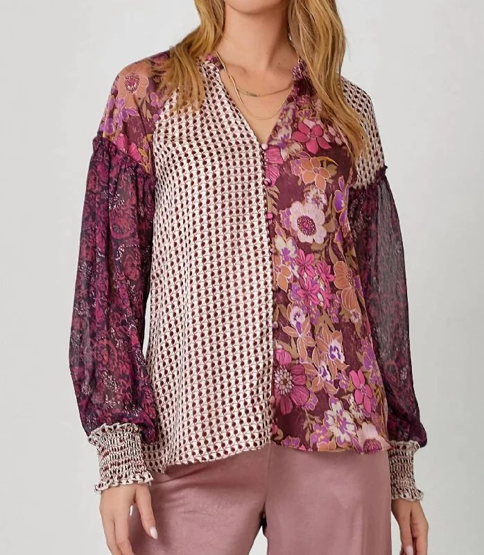 Mixed Print Long Sleeve Blouse In Mauve