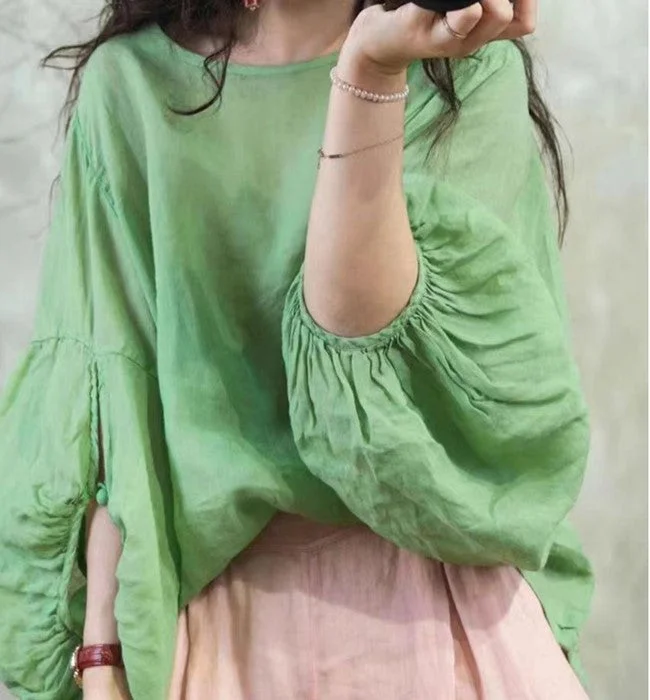 Green Ruffle Long Sleeve Women Linen Tops 6277