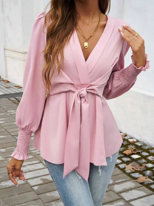 Smocked Surplice Long Sleeve Blouse