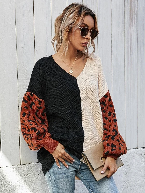 Hazel Blues® | Leopard Color Block V-Neck Tunic Pullover Sweater