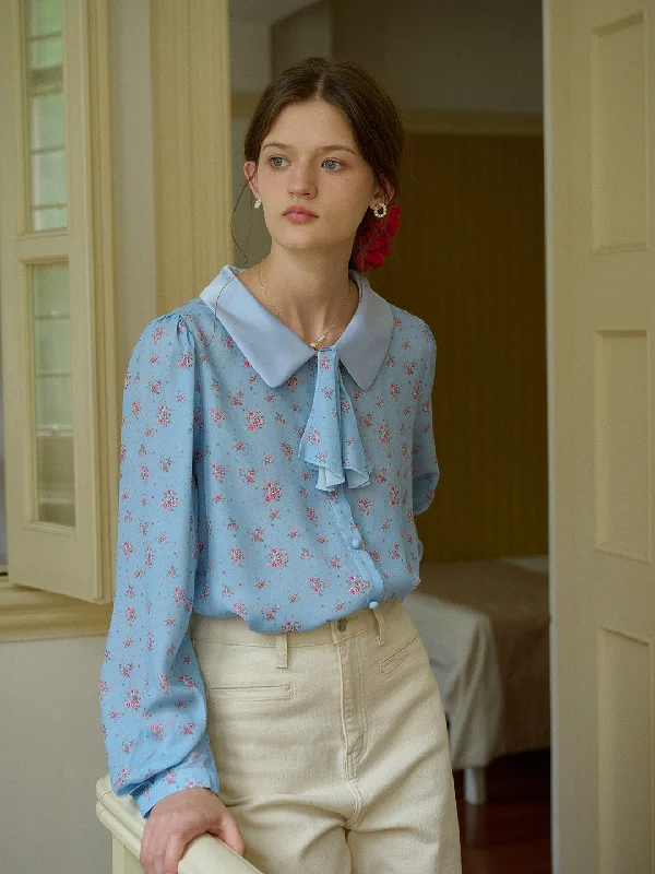 【Final Sale】Alexis Long Sleeve Patchwork Peter Pan Collar Embroidery Casual Blouse - Blue