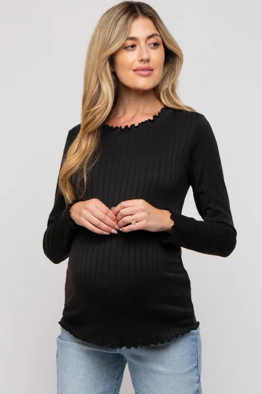 Black Rib Knit Lettuce Trim Maternity Long Sleeve Top