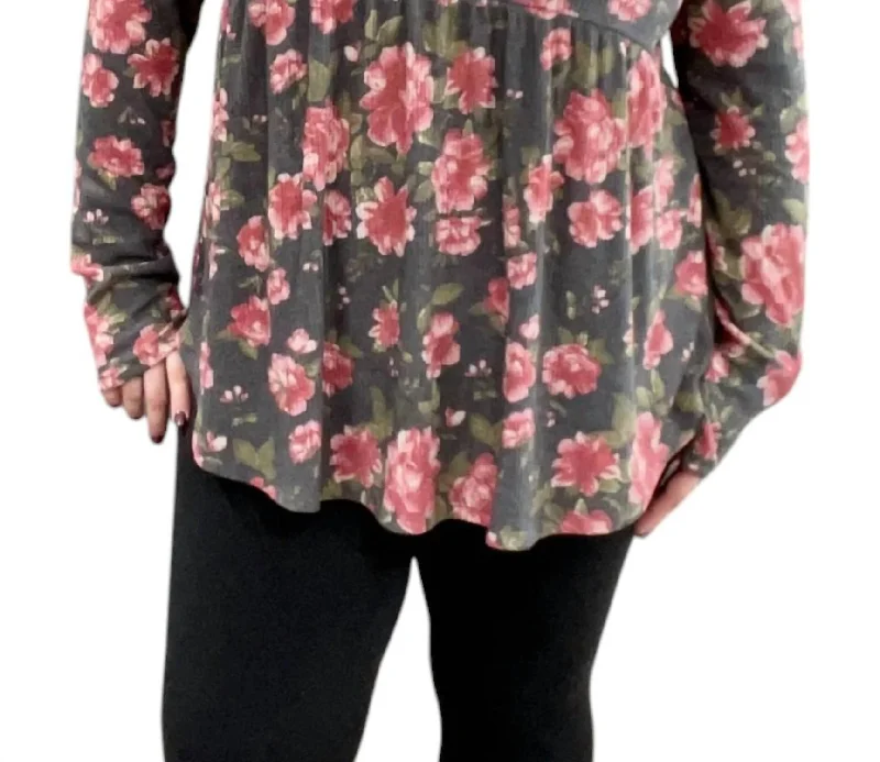 Long Sleeve With Thumbholes Babydoll Top In Floral Black