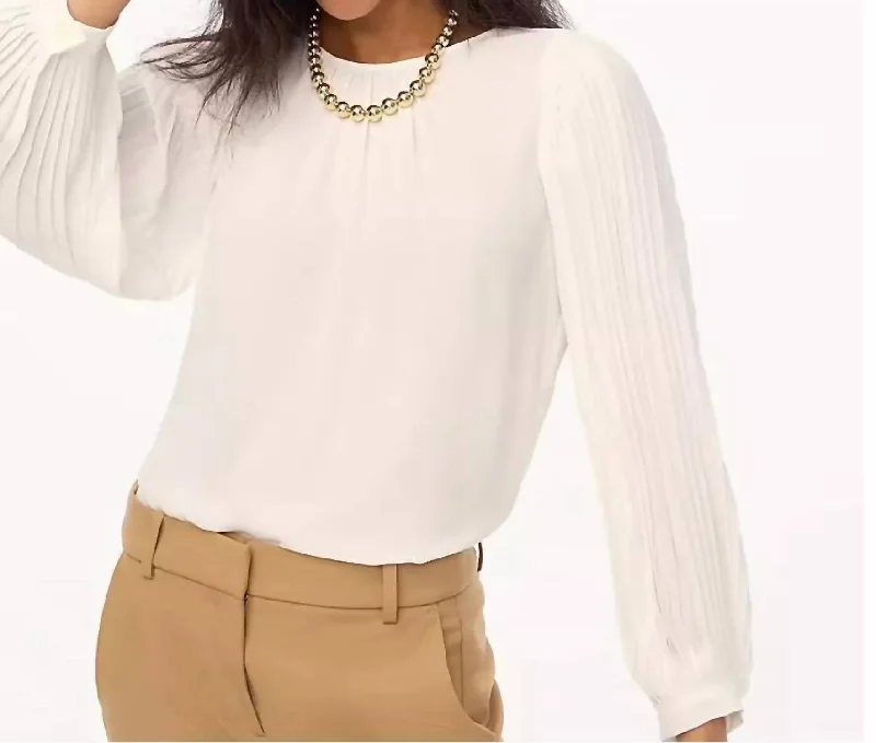 Petite Pleated Long Sleeve Top In Ivory White