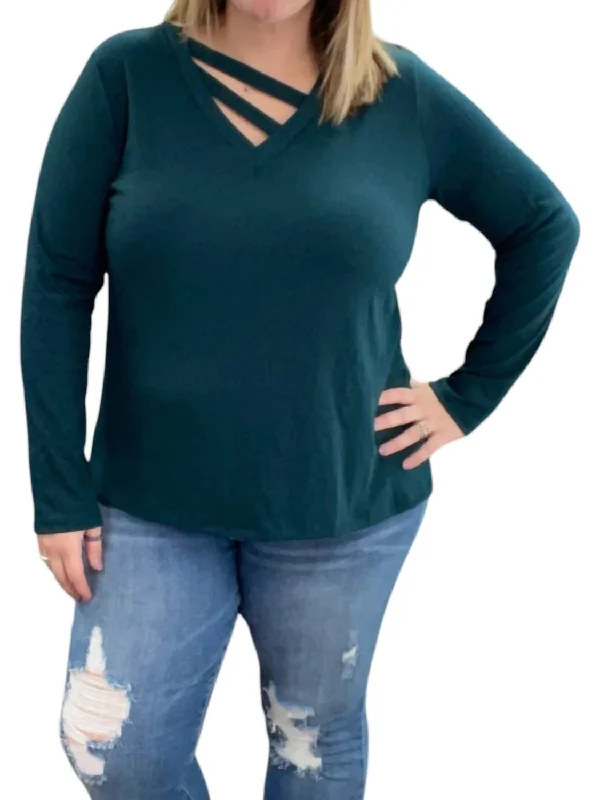 Spliced Front Long Sleeve Top In Deep Teal