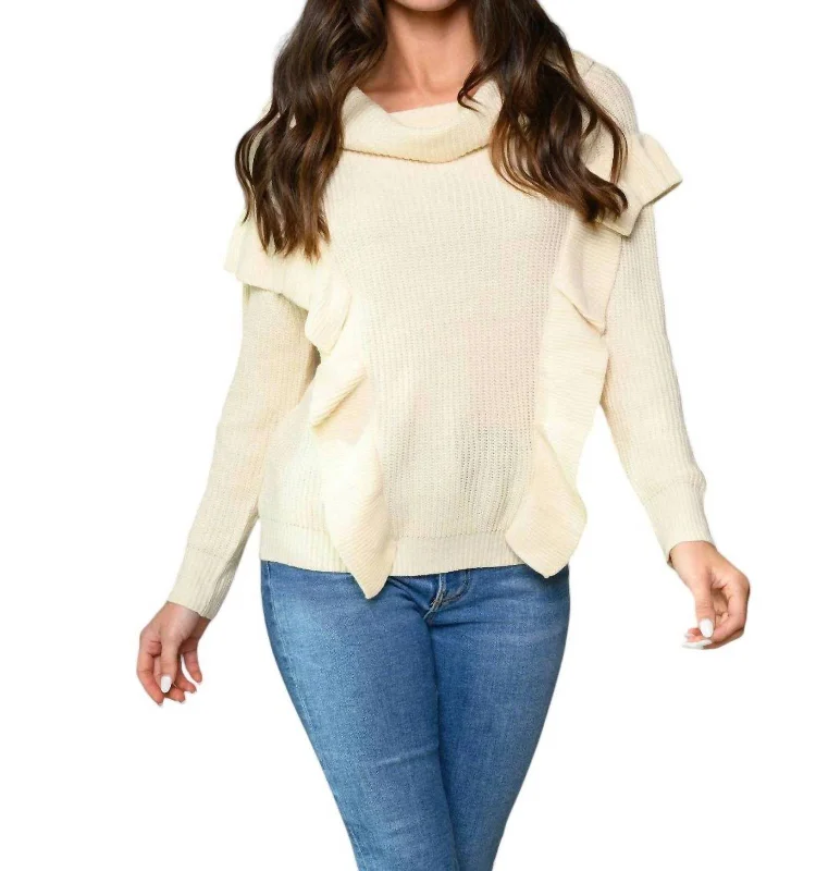 Women's Long Sleeve Ruffle Turtle Neck Top In Cream