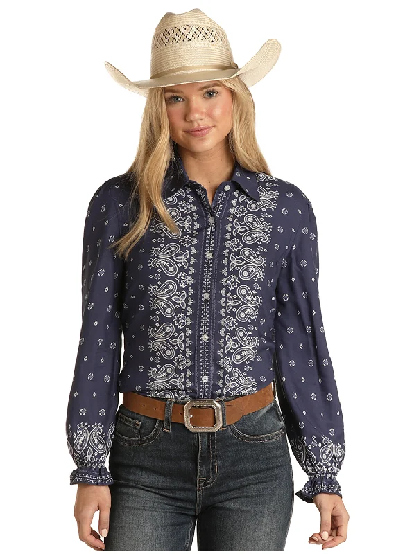 Women's Navy Bandana Border Print Long Sleeve Blouse