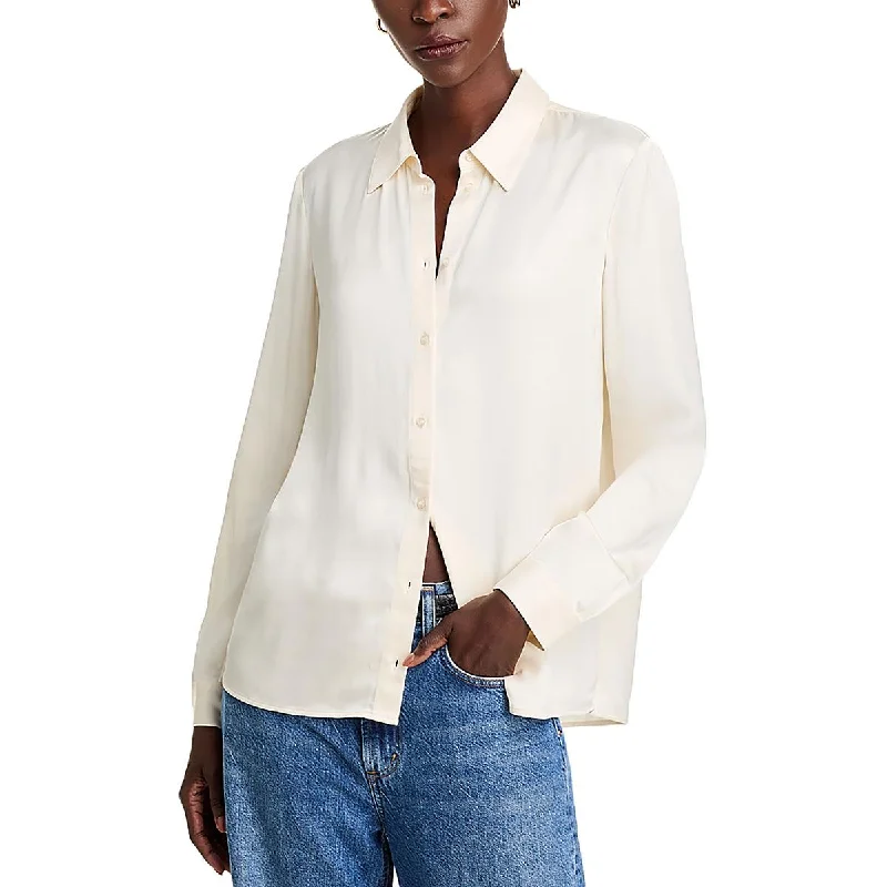 Womens Satin Long Sleeve Button-Down Top